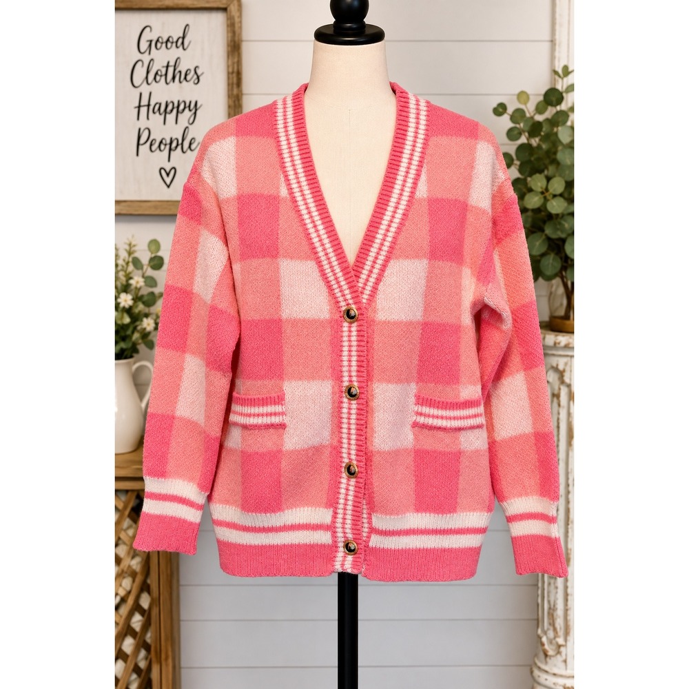 Katydid Pink White Buffalo Check Cardigan Sweater Gold Buttons KDC-CRG-07 M